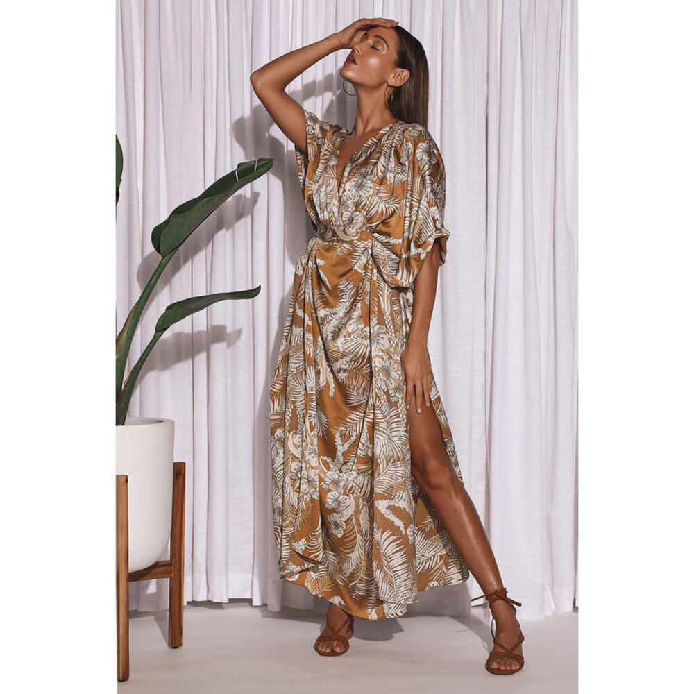 Lulus Take A Holiday Tan Tropical Print Maxi Dress Brown - Size L